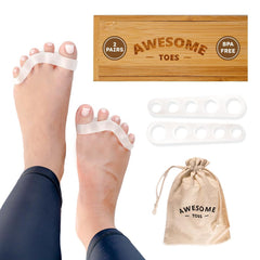 Yoga Trapeze toe spacers in a wooden box for stylish storage and gifting