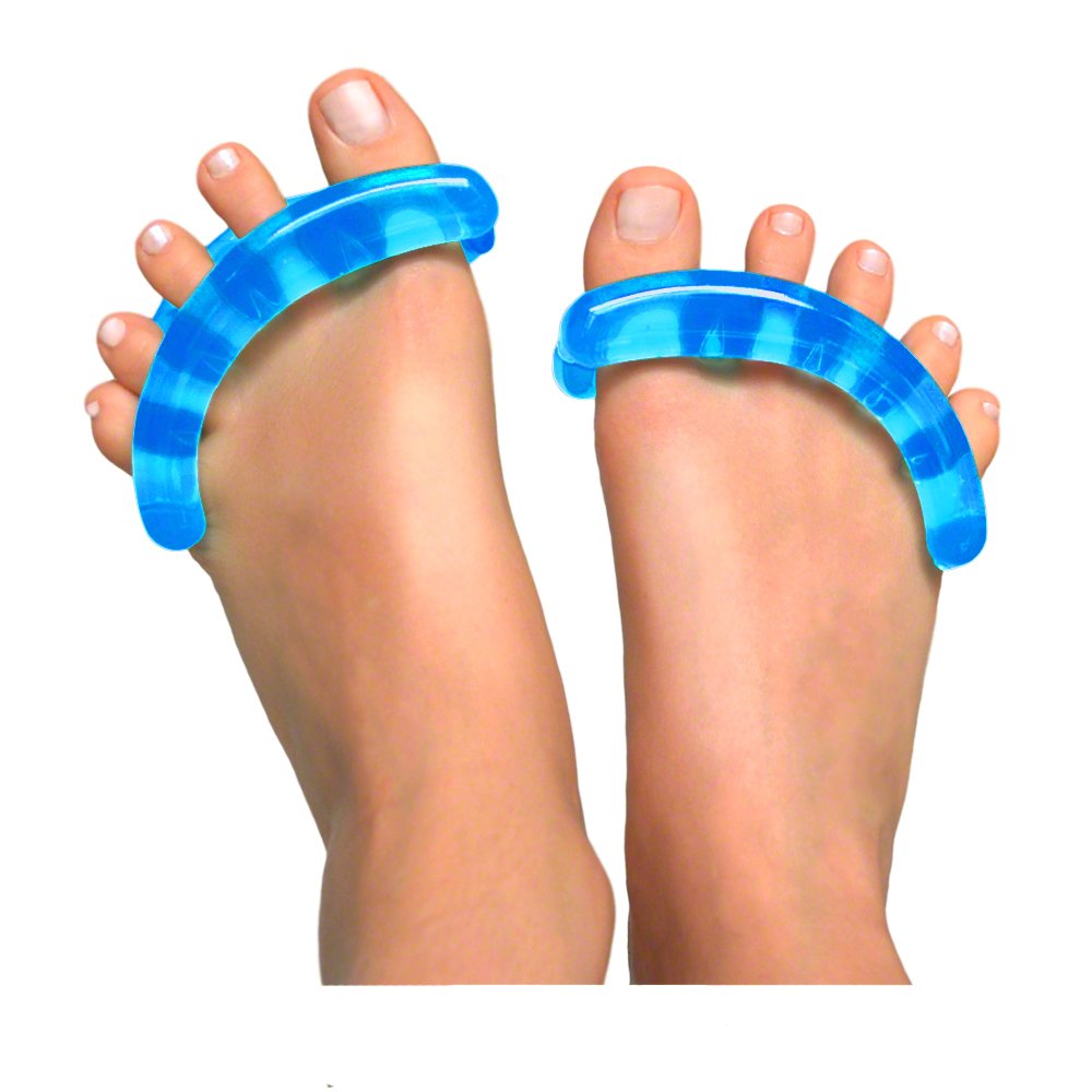 YogaToes Classic sapphire blue toe stretcher close-up showing toe separation and comfort.