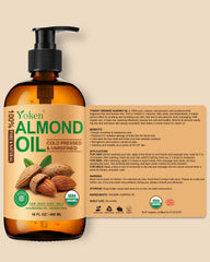Yoken Organic Almond Oil closeup emphasizes natural fatty acids and vitamin E