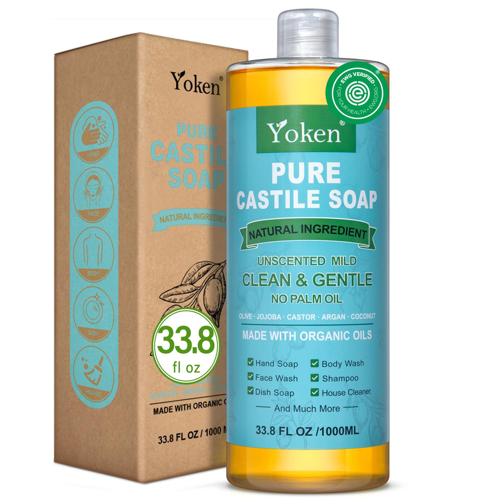 Yoken Castile Soap unscented bottle pour shows versatile, gentle cleansing for skin and dishes
