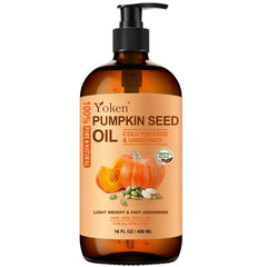 Yoken cold-pressed pumpkin seed oil in amber bottle shows purity for skin and hair care.