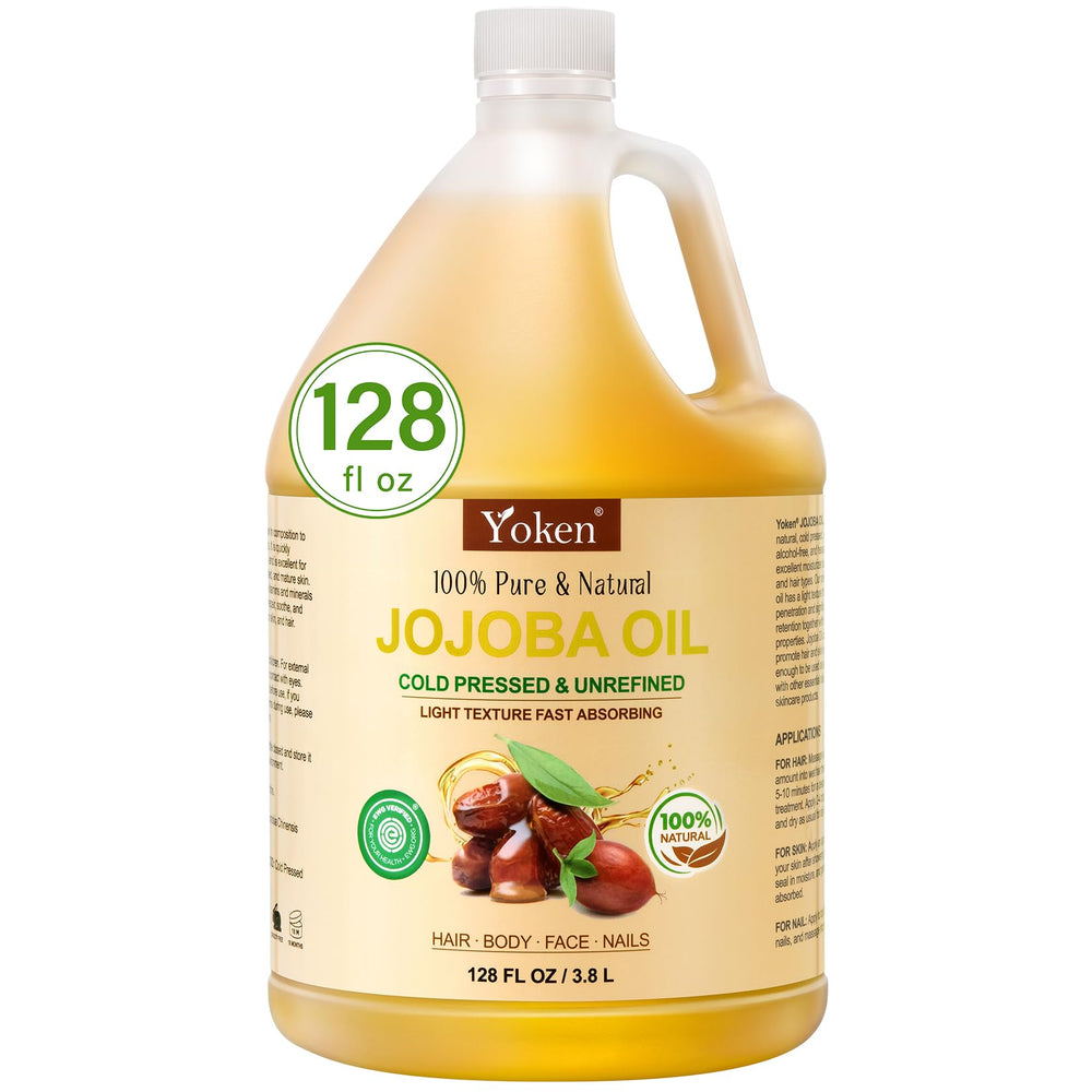 Yoken Jojoba Oil gallon bottle for bulk DIY skincare and routine uses.