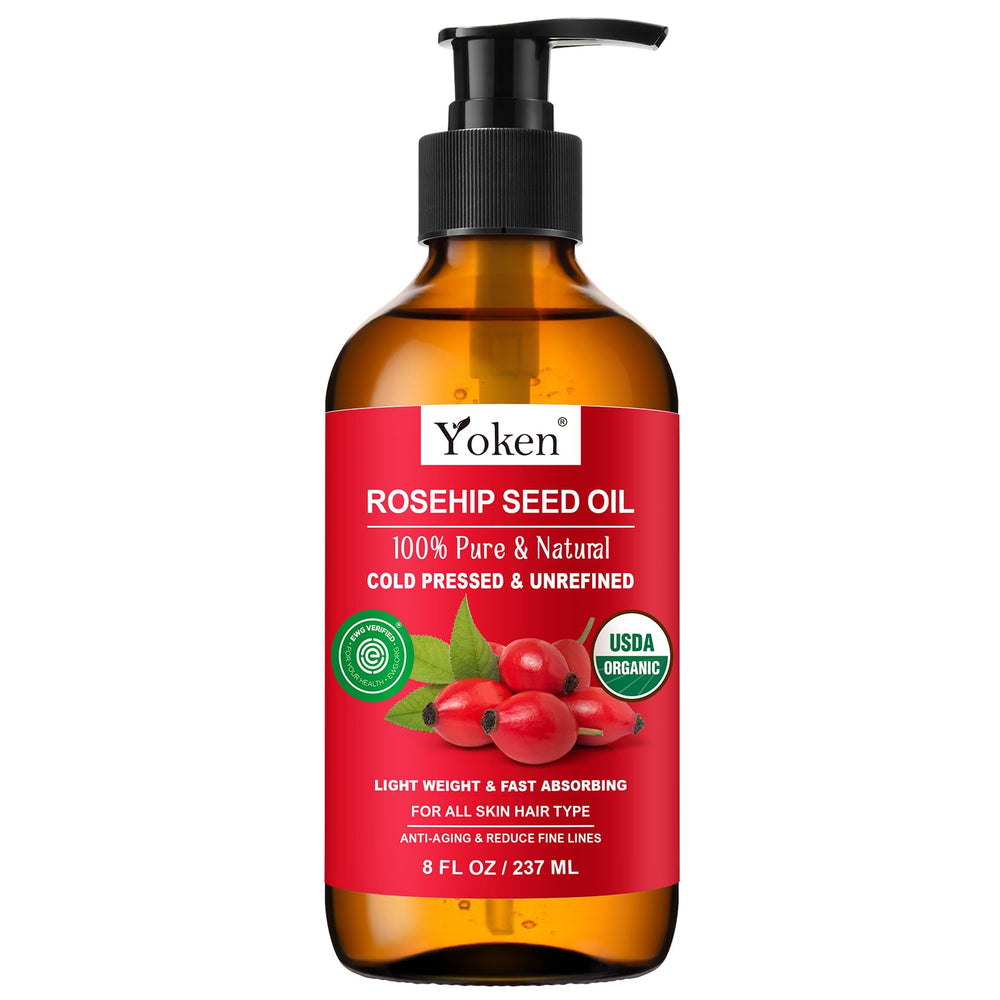 Yoken Rosehip Seed Oil bottle highlights pure 100% organic care for skin nourishment.
