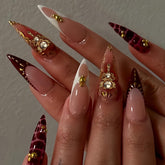 YOLEZI press-on nails long stiletto almond with gold pearls for glamorous event-ready nails