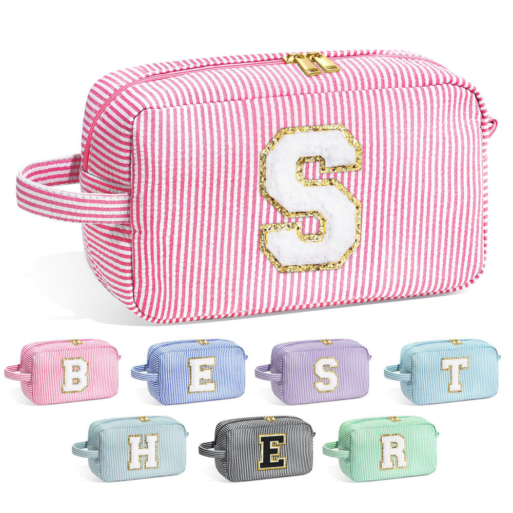 YOOLIFE initial makeup bag with pink chenille letter for organized cosmetics on the go