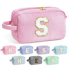 YOOLIFE initial makeup bag with pink chenille letter for organized cosmetics on the go
