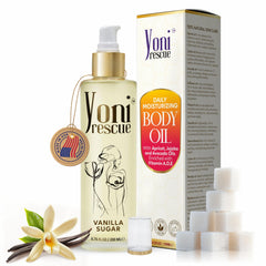 Yoni Rescue Vanilla Body Oil bottle shows hydrating, non-greasy moisture for daily use