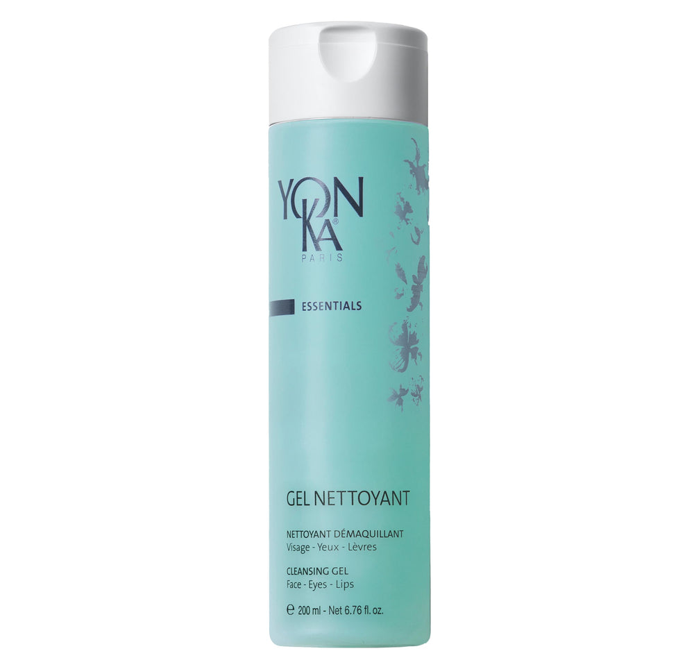 Yonka Gel Cleanser bottle pour demonstrates gentle makeup removal and daily cleansing