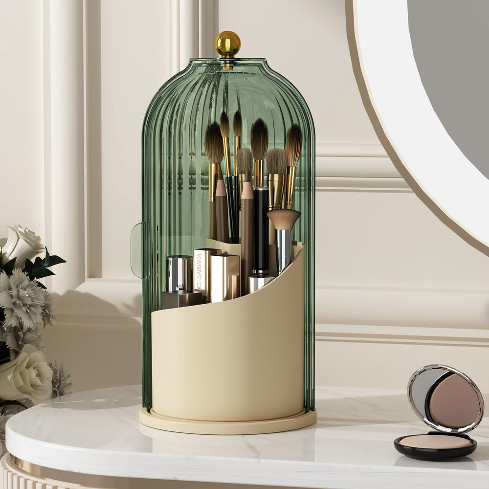 YOOLENS makeup brush holder with lid, 360-rotating top for quick access.