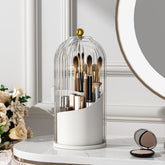 YOOLENS makeup brush holder with lid keeps brushes dust-free on vanity.