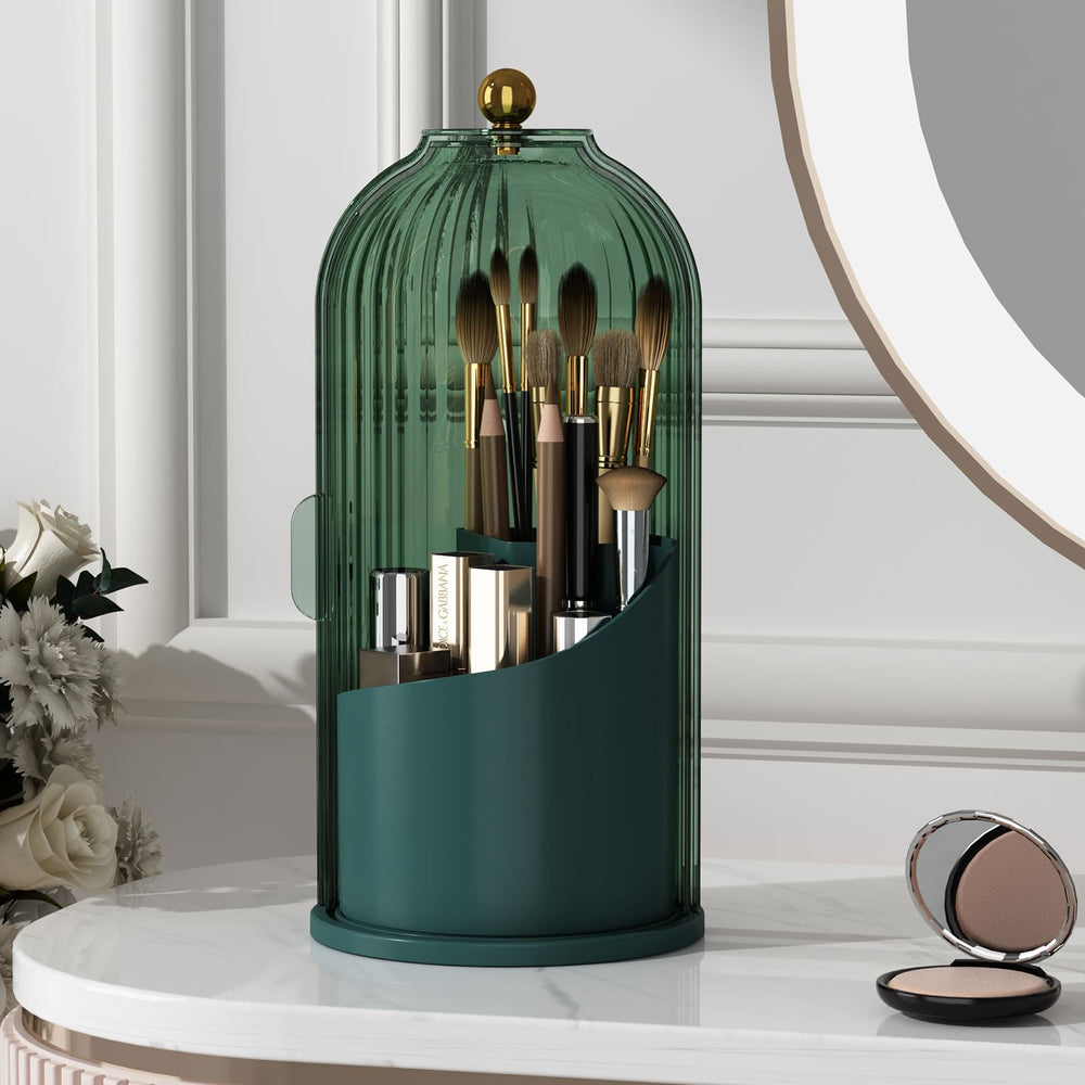 YOOLENS makeup brush holder with lid and 360 rotating base shown on vanity