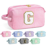 YOOLIFE monogram pink makeup bag front view, keeps cosmetics organized while traveling