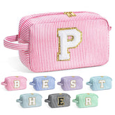 YOOLIFE Initial Cosmetic Bag front view in pink keeps cosmetics organized on the go.
