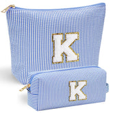 YOOLIFE initial makeup bag blue front with chenille letter design for personalized gift