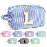 YOOLIFE Initial Makeup Bag blue front view for travel-friendly use.