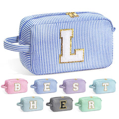 YOOLIFE Initial Makeup Bag blue front view for travel-friendly use.