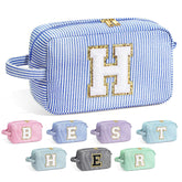 YOOLIFE Initial Makeup Bag front view with chenille monogram for a personalized gift.