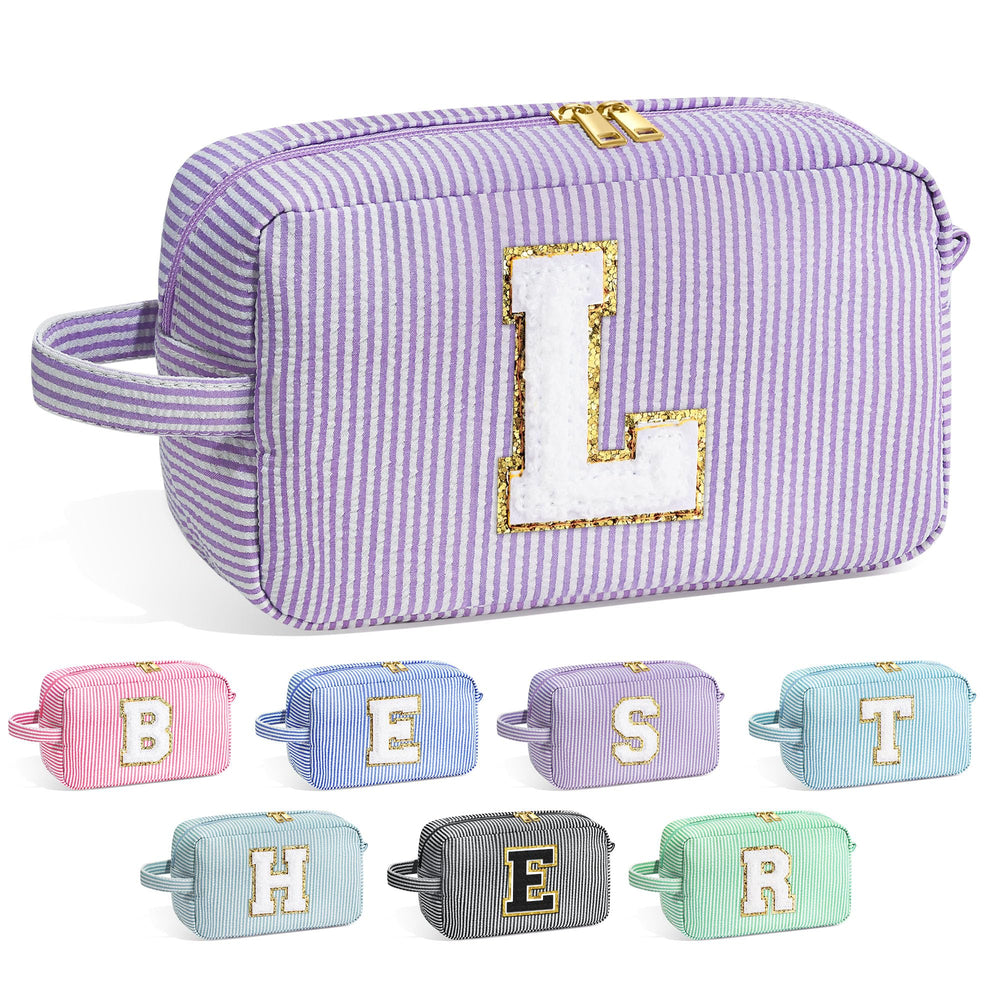 YOOLIFE makeup bag front chenille initial showcases secure personalized monogram for everyday use.