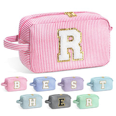 YOOLIFE monogram makeup bag pink front view; compact daily cosmetics organizer.