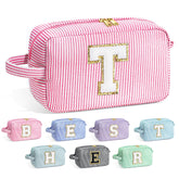 YOOLIFE teacher initial makeup bag pink front view for organized cosmetics on the go.