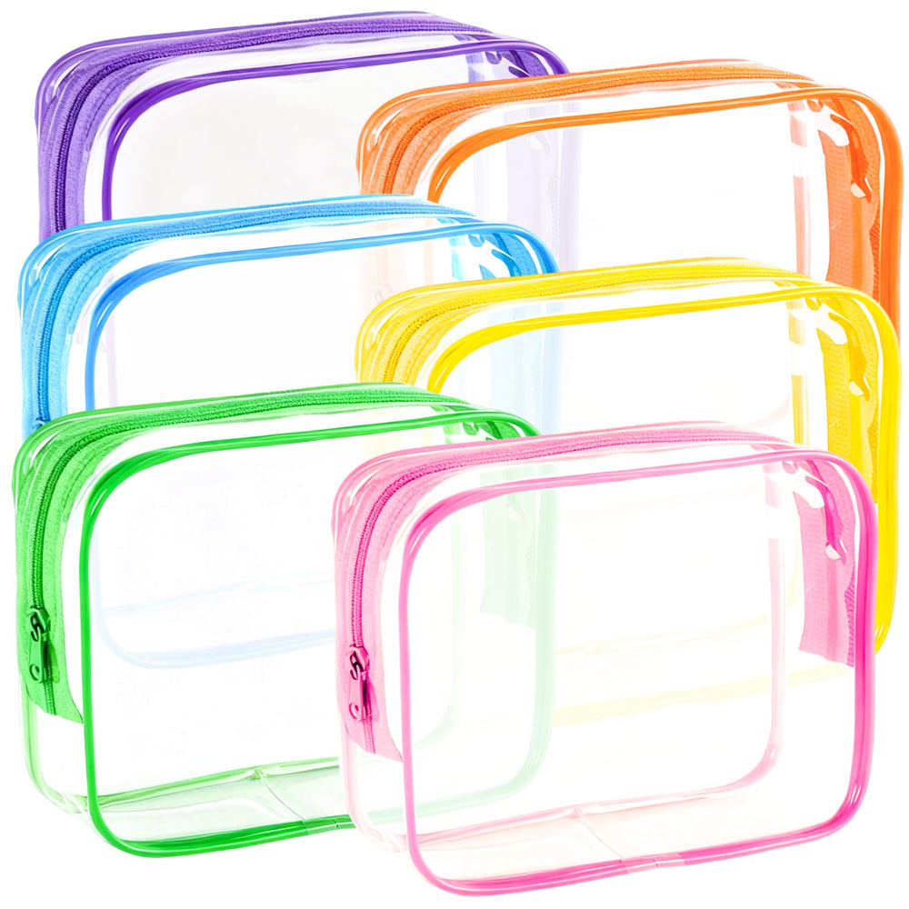 YOQIVEXU clear makeup bags 6-pack in vibrant colors for quick cosmetics identification.