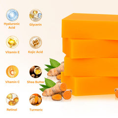 YOSEGOOTER turmeric soap bar closeup ingredients highlights soothing turmeric and kojic acids.