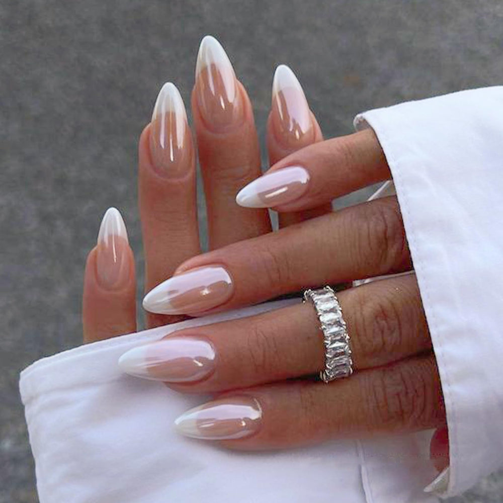 YOSOMMK french-tip-chrome almond nails showcasing mirror design for party-perfect shine