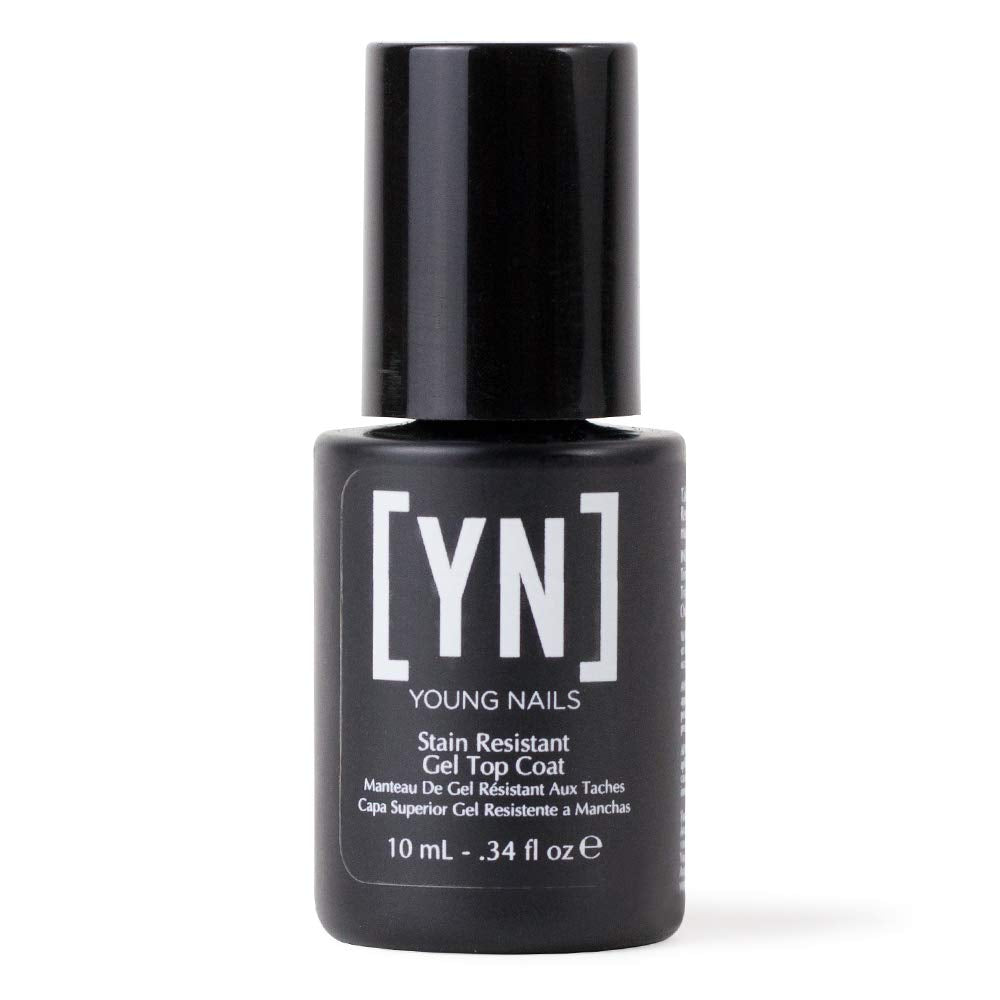 Young Nails Stain Resistant Gel Top Coat bottle closeup with crystal-clear shine.