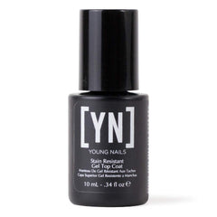 Young Nails Stain Resistant Gel Top Coat bottle closeup with crystal-clear shine.