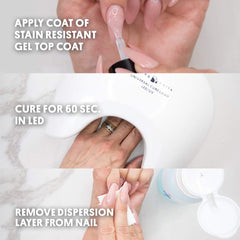 Young Nails Stain Resistant Gel Top Coat under UV/LED cure for fast set.