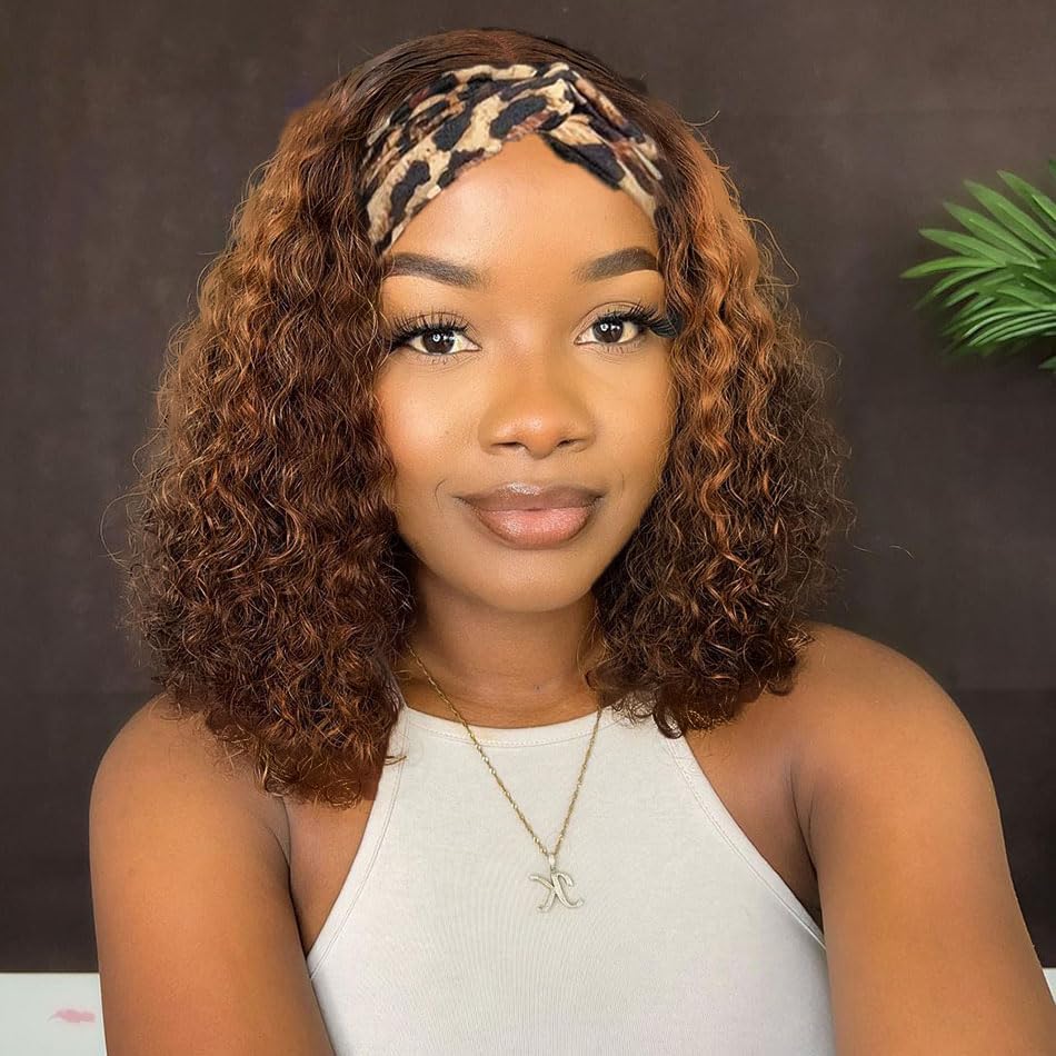 Youngirl Ombre Deep Wave Headband Wig 12in on model for natural daily wear