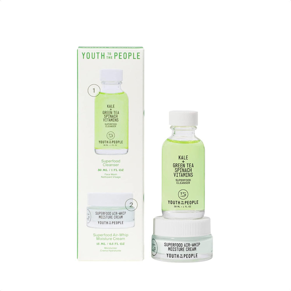 Youth To The People daily skin health youth stack packshot highlights travel-size cleanser and moisturizer for on-the-go cleansing