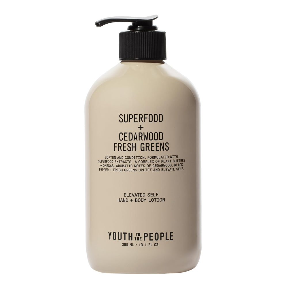 Youth To The People hand and body lotion bottle shows premium vegan moisturizer for daily hydration.