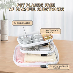YQBRAO travel setup with clear cases for toiletries and cables on the go