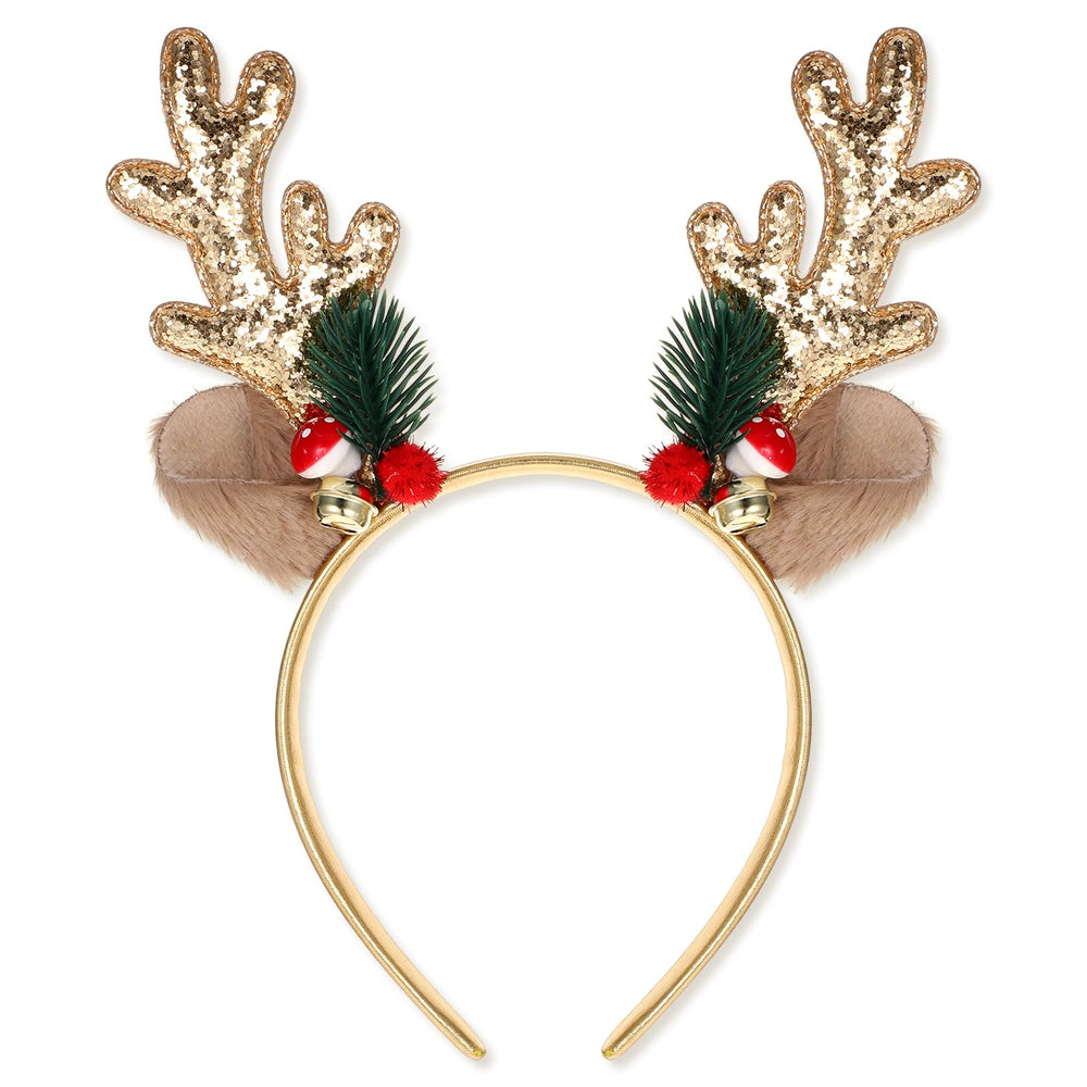 YUXIANLB Christmas headband deer antlers close-up highlights soft fabric and glittery decorations for comfortable wear.