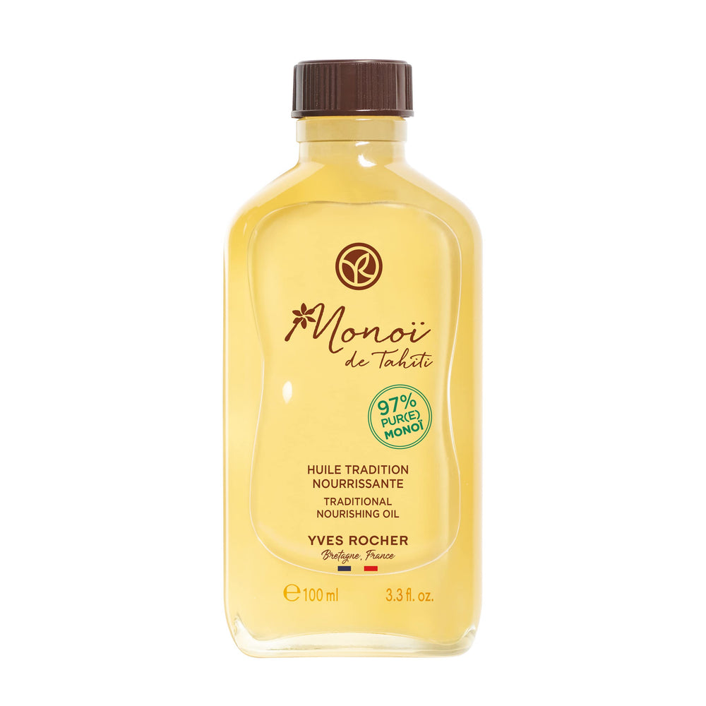 Yves Rocher Monoï Tahiti oil bottle for tropical nourishment on skin and hair.
