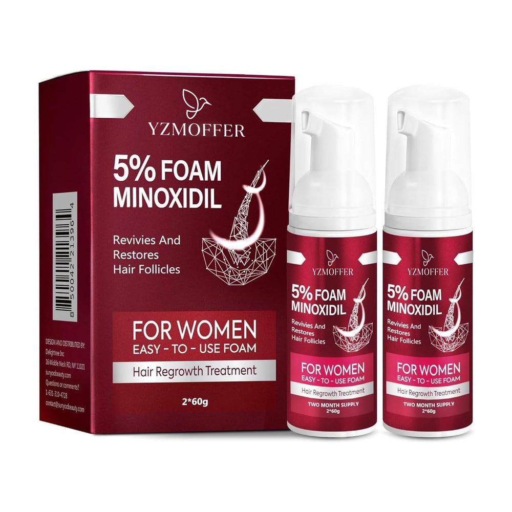 Yzmoffer Women's 5% Minoxidil Foam bottle shown for at-home hair growth care.