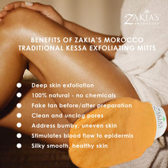 Zakia's Morocco Original Kessa Glove packaging shows easy-use exfoliation routine