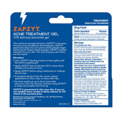 Zapzyt benzoyl peroxide gel tube side view showing compact packaging for travel.