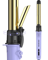 zavarea rotating curling iron purple close-up shows premium titanium barrel for even heat and lasting curls.