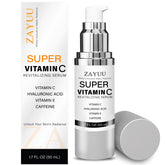 ZAYUU Super Vitamin C Face Serum bottle close-up showing hydrating skincare for mature skin