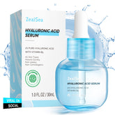 ZealSea Hyaluronic Acid Serum bottle pour showing hydration boost for plump, dewy skin