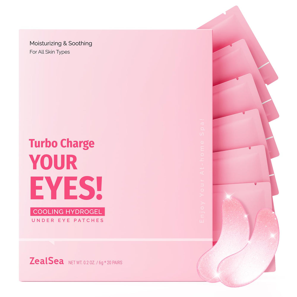 ZealSea under-eye patches pack closeup highlighting brightening, hydrating eye care.