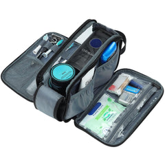 ZEEMO interior organizes brushes, razors, and trimmers with elastic bands and mesh pockets.