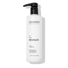 Zenagen Revolve shampoo bottle promotes fuller-looking hair.