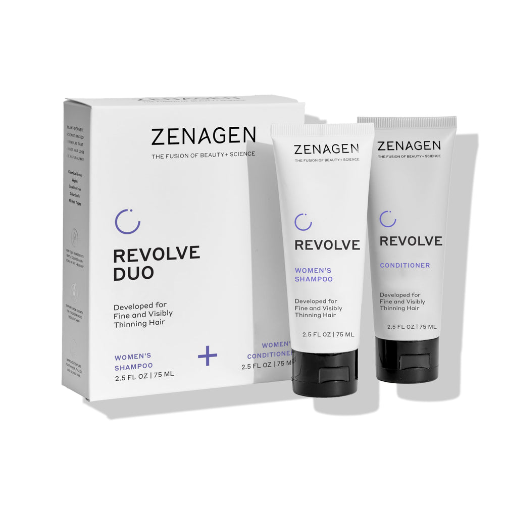 Zenagen Revolve travel shampoo bottle shows color-safe cleansing for fine hair on the go.