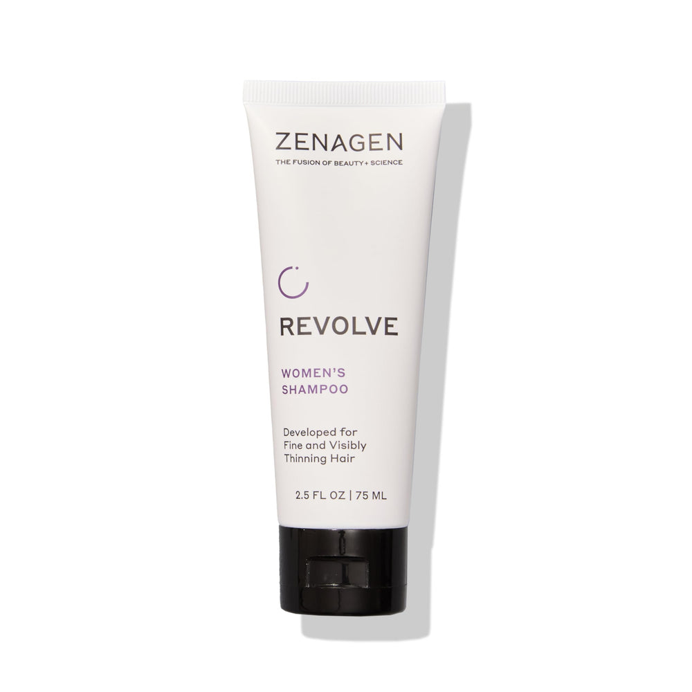 Zenagen Revolve bottle closeup shows plant-based formula for fuller-looking hair.
