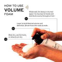 Zenagen Volume Foam closeup of ingredients highlights botanical volumizing complex for fuller-looking hair.