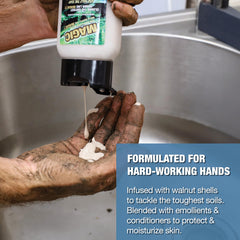 Zenex Magic Hand Soap with walnut scrubbers close-up fighting grime gently