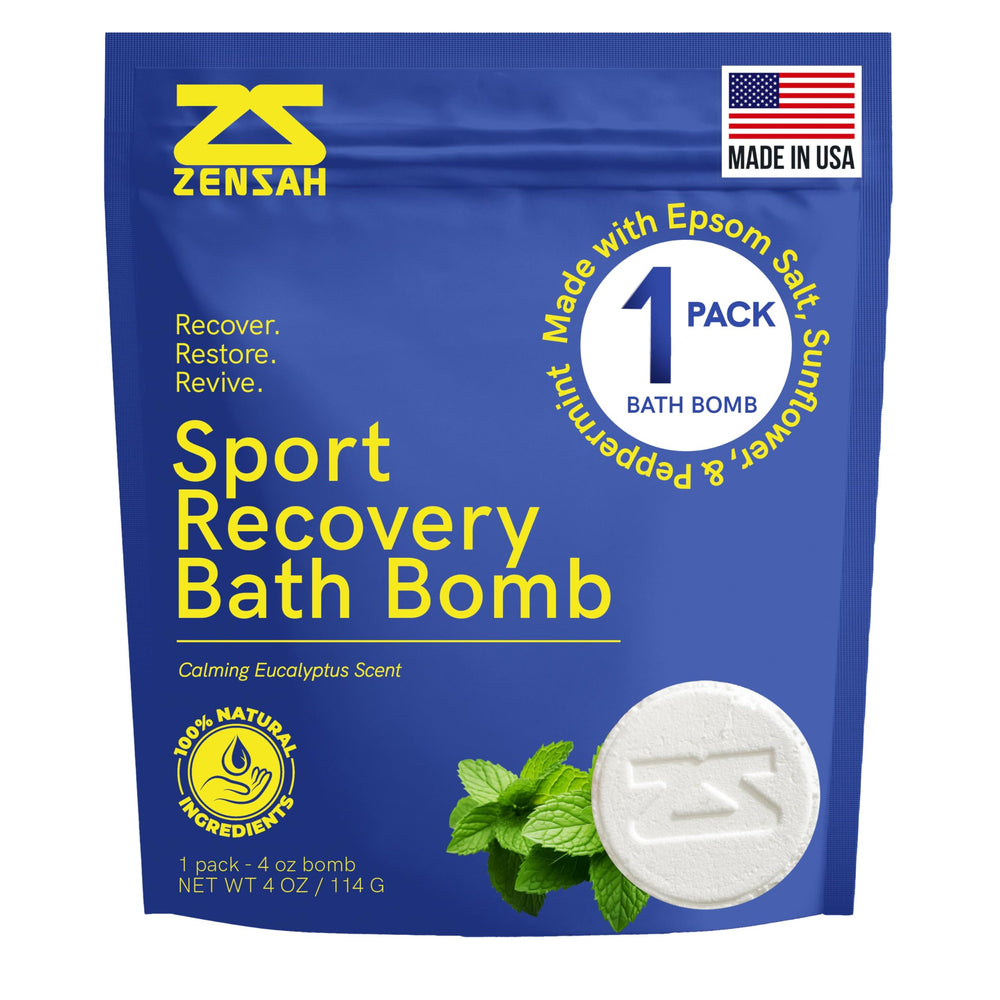 Zensah sport recovery bath bombs packaging highlights magnesium salt blend for muscle relief